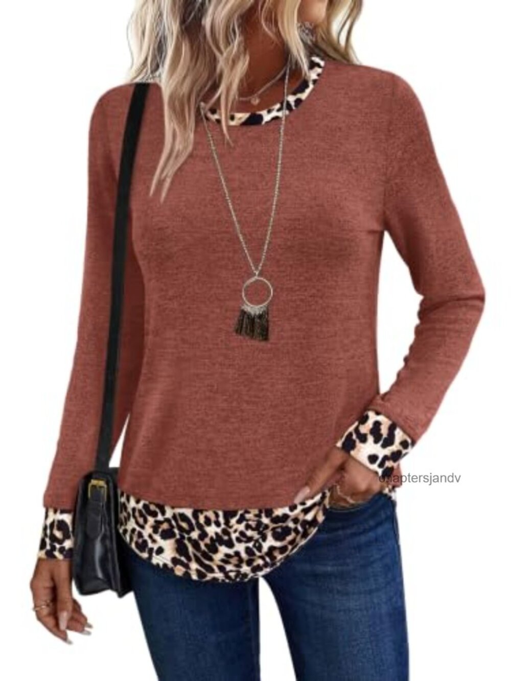 Womens Long Sleeve Color-Block Tunic Top Lightweight Loose Fit Crewneck